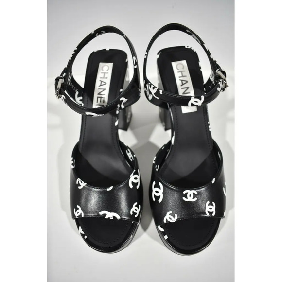 Chanel 22S Black White Lambskin CC Logo Platform Strap Block Heel Sandal 39 - Picture 7 of 12
